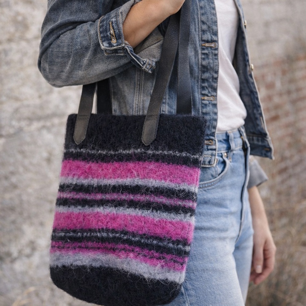 Handmade Felt Pink and Black Striped Women's‎ Bag